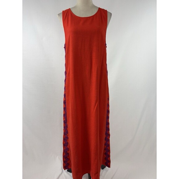 Mister Zimi Margot Maxi Dress Bright Red Purple Rhubarb Rick Rack Trim 8 Linen - Picture 2 of 11